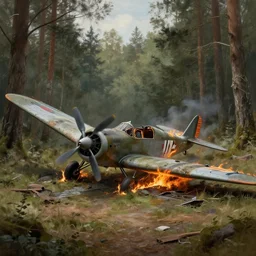 a small german ww 2 crashed airplane shot down in the forest, crashed, burning, intricate, elegant, highly detailed, centered, digital painting, artstation, concept art, smooth, sharp focus, illustration, artgerm, tomasz alen kopera, peter mohrbacher, donato giancola, joseph christian leyendecker, wlop, boris vallejo