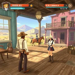 screenshot of gameplay dating simulator game set in 1 8 7 5, interior of old west saloon, featuring african american and japanese cowboys and cowgirls in ghost town with buildings painted bright pastel colors, morning light with mountains in the background