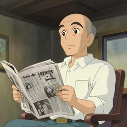 old balding japanese man with white shirt, sitting on a chair and reading newspaper while looking at the ceiling of his room by studio ghibli, fujita goro, atey ghailan, tom whalen, jean giraud
