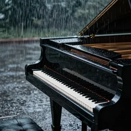 a dramatic shot of a piano in the rain