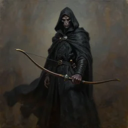 portrait of a kenku plague doctor archer in a flowing black cloak. oil on canvas by lead character artist