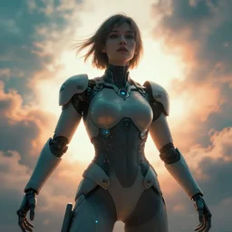 symmetry!! dynamic pose! closeup portrait of a cyborg valkyree girl, fashion cyborg jumpsuit, shoulder pads, cinematic light, backlight, teal orange, volumetric clouds, by gerald brom, by mikhail vrubel, by peter elson, muted colors, extreme detail, trending on artstation, 8 k