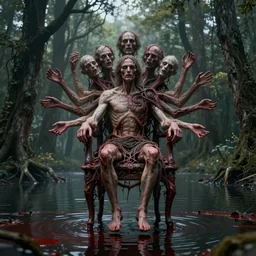 a dream of a man with five heads, twelve arms, sitting on chair made of human limbs, the chair is floating in a lake of blood, around the lake are melting trees, the man's limbs are merging with the trees, found on artstation, hyperrealistic nightmare scene, supernatural, highly detailed, creepy, terrifying