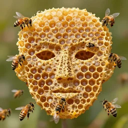 face made with honeycomb, bees flying, photo realistic,