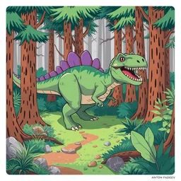 an illustration of a dinosaur k 0. 0 2 0 in the woods, trending on artstation, central composition, very cartoon, shape focus, high detailed, by anton fadeev