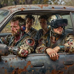 junky men in car, cybertronic gadgets and vr helmet, flesh + technology, biotechnology, rusty shapes, rotten textures, durty colours, piotr jablonski, mark maggiori, jeff dekal, norman rockwell, mid shot, hyperrealistic oil painting on canvas, deep depth field, cinematic composition, hyper - detailed, hdr, 8 k, 4 k