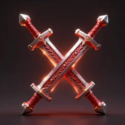 game - icon of giant medieval swords crossed, red powerful fantasy epic legends, game icon stylized, digital illustration radiating, a glowing aura, global illumination, ray tracing, 8 k high definition, intricate details, octane render, unreal engine, trending on arstation