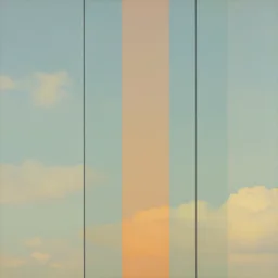 In this mixed media art, the artist has used a simple palette of colors to create a feeling of calm and serenity. The soft hues of blue and green are reminiscent of a cloudy sky, while the orange and yellow suggest the warm glow of the sun. The vertical stripes of color are divided by thin lines of black, which give the impression of deep space. The overall effect is one of peacefulness and balance. multiple exposure by Mark Briscoe, by Lorenz Hideyoshi angular, uneven