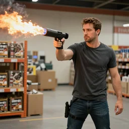 Ben Shapiro with a flame thrower in a Home Depot