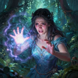 highly detailed painting of beautiful celestial mage desperately casting a spell. furrowed brows, despair in her face, extemely bright spell, out of control, magical realism, background = lush jungle forest, trending on artstation, digital art