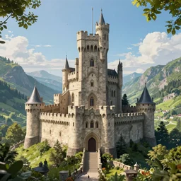 very impressive medieval castle in very beautiful valley with trees, perspective, trending on artstation, cinematic, nice lighting, 4k digital art