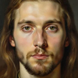 photorealistic painting of a male face with piercings, realistic eyes, symmetric face, beautiful bone structure, beard, dark blonde long hair, painting by gaston bussiere
