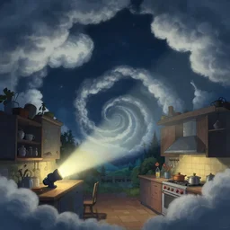clouds shapes, naive nerikomi, weird perspective, extra narrow, detailed illustration of a kitchen dim lit by flashlight in a scenic spiral environment by rhads from lorax movie, trending artstation, true color