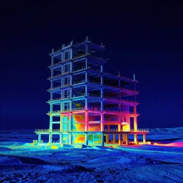 unfinished building by pierre de meuron, thermal imaging nightsky magic realism tundra thermal vision lightpaint neon signs dramatic lighting synthwave wilderness, archdaily, wallpaper, highly detailed, trending on artstation.