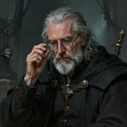 Ian McKellen with grey goatee and scissors glasses, as a depressed alchemist,  fantasy concept art by terry wei, OWL Studio and J.Dickenson, trending on Artstation, Pinterest, inspired by The Witcher series