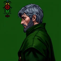 side - view portrait of iorveth from the witcher 2, long green coat, tenth century stained glass window, green background, very masterful