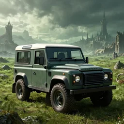 Land Rover Defender 110 (1985), an epic fantasy, dramatic lighting, cinematic, establishing shot, extremely high detail, photorealistic, cinematic lighting, artstation, by simon stalenhag, The Elder Scrolls IV: Oblivion, Green Cyrodiil plains, Imperial City in the distance, Direnni tower in the distance