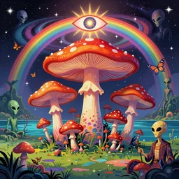 psychedelic mushrooms, enchanted alien world, mushrooms on the ground, aliens, galaxy in the sky, lake, butterflies, occult, illuminati, third eye, rainbows, bright colors, psychedelic, vector art, fantasy poster by helen huang and frank frazetta and salvador dali and norman rockwell