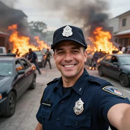 smiling cop takes a selfie in front of a riot, cars and buildings on fire, time magazine 2 0 2 2, high detail, 8 k
