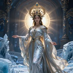 goddess of the frozen earth, by Annie Swynnerton and Nicholas Roerich and jean delville, dramatic cinematic lighting , ornate headdress , flowing robes, lost civilizations, smooth, sharp focus, extremely detailed