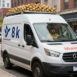 mail man driving a mail van filled with potatoes in pittsburgh real life, 8 k, 4 k uhd, realistic, hyper realistic, super detailed, very detailed, detailed