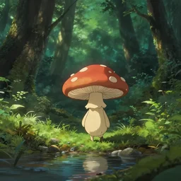 a tiny mushroom person with a mushroom for a head walking by a stream in a lush forest. dramatic lighting cgsociety masterpiece, artstation trending, by rossdraws, ghibli, Kimi no Na wa, greg rutkowski, 4k, digital art, concept art, trending on artstation