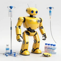 a broken yellow mechanic robot standing in the middle injection with bunch of infusion therapy bottles