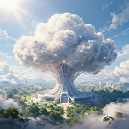 beautiful surreal scenery artwork pixiv. gigantic architectural modern design node network of cloud computing soul dust. unthinkable dream cloud computer vast expanding lush worldly infinites. sublime god lighting, sun rays, cold colors. insanely detailed, artstation!! pixiv!! infinitely detailed