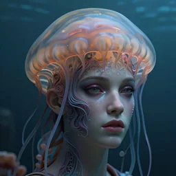 woman with jellyfish head, lovecraft scene, detailed portrait, 3 d, intricate details, by vincent di fate, artgerm, smooth gradients, octane render, 8 k, volumetric lightning, high contrast, depth of field, coherent face, deep ocean