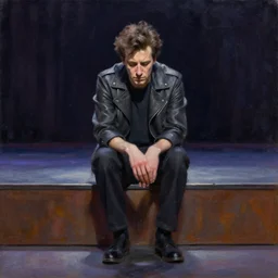 a sad oil painting of Andy Kaufman alone if stage