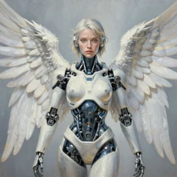 a beautiful painting a portrait of cyborg angel, symetrical scene, symetric character, single character, ultra realistic, trending in artstation, octane render, 8 k, by peter mohrbacher, zaha hadi