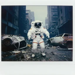 underwater photographs of american white spacesuit chubby astronaut in postapocalyptic abandoned destroyed deep sea times square, wrecked buildings, destroyed flipped wrecked cars, underwater polaroid photo, vintage, neutral colors, underwater, by shawn heinrichs