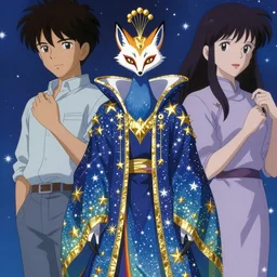 portrait from an anime of an ethereal colorful blue starry night peacock fox animal spirit, accented in bright metallic gold, wearing star filled magic imbued mage robes, art by yuji ikehata and satoshi kon, background art by miyazaki and akino matsuri, realism, proper human proportions, fully clothed, vhs