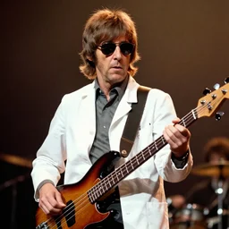 young Paul McCartney with a mullet, playing bass and wearing sunglasses and a doctors coat, concert photography from the 70s, telephoto, bokeh