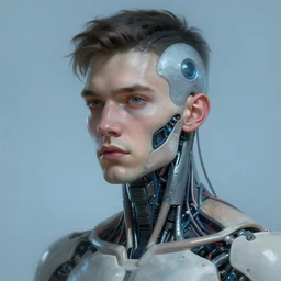 Portrait of an organic cyborg man. young. handsome. cable wires. synthetic skin. intricate. soft blue diffuse lighting. scifi. highly detailed. semi-realistic. digital painting by Sung Choi and Sebastian Bąkała and Furio Tedeschi