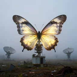 in the misty morning ， a giant, glowing butterfly perched on the abandoned satellite field, by craig mullins