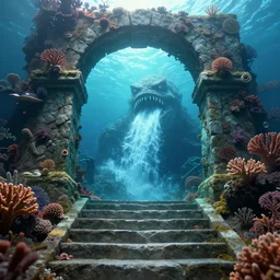 a beautiful illustration of a an underwater first person perspective shot looking up a stone staircase leading to an ancient stone archway covered in coral and sea life that leads to with aaahh!!! Real monsters pouring out of it by James Gurney and beeple | Time White: .3 | cinematic lighting | unreal engine