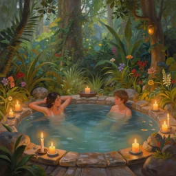 painting of an interior of a hot spring with candles, fantasy, lush plants and flowers, natural light, concept art, by greg rutkowski and craig mullins, cozy atmospheric and cinematic lighting, trending on artstation