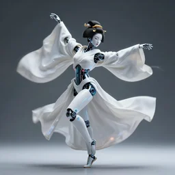 futuristic geisha robot dancing in white blanket durring wind