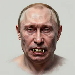 vladimir putin, putin is bald caveman, awe face, toothless, saw teeth, reptile eyes, peeling skin, horror macabre face, clown nose, by donato giancola and greg rutkowski and wayne barlow and zdzisław beksinski, realistic face, digital art