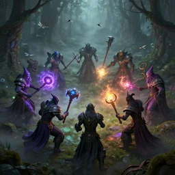 guild wars wizards fighting with magic maces and colored lights blooming the area and dragonflies are in a circle, 3 d, misty and mystical atmosphere, scary, octane render, intricate, hyper / - detailed, foggy forest, well rendered