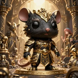 highly detailed funko pop of a rat god in black gold intricate and ornate armor, unreal engine, fantasy art by greg rutkowski, loish, rhads, makoto shinkai and lois van baarle, ilya kuvshinov, rossdraws global illumination, radiant light, detailed and intricate environment