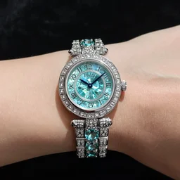 van cleef and arpels wristwatch studded with aquamarine on a matte black background detailed watch hands javanese numerals, human skin wrist band