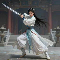 an epic fantasy comic book style portrait painting of a gorgeous sword dance chinese costume dove cameron, by wlop trending on artstation & pinterest, long hair, smoke, full body xianxia, chinese temple, depth of field by yoji shinkawa 4 k