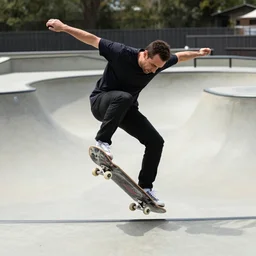 tony soprano on a skate, street photography, kickflip, in a skate park