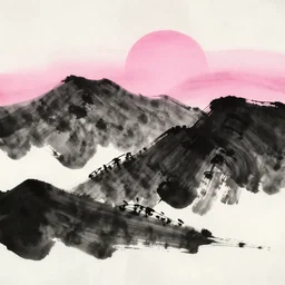 japanese ink art, pink sunset behind black mountains, highly detailed