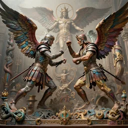 Gladiators fighting angels of God turning into colorful wax, high detail, 8k, ornate, masterpiece, complex, haze, film still from the movie directed by Denis Villeneuve with art direction by Pablo Picasso and Greg rutkowski, Alex Gray, wide angle