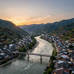 stunning high quality landscape photograph of a beautiful village situated in a river valley viewed from a bridge at sunset, taken by daniel kordan, lighting by albert bierstadt, fujifilm x series, fujinon lens, 2 4 mm, f 1 6, flickr, 5 0 0 px, behance competition winner, photographer of the year, crepuscular rays