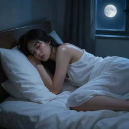 painting of a restless young woman sweating in her bed at night, dark room lit by moonlight through a window, white sheets and white nightgown, backlit glow, beautiful, insomnia