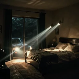 dark bedroom lit up by car highbeams from the outside, nostalgic photo
